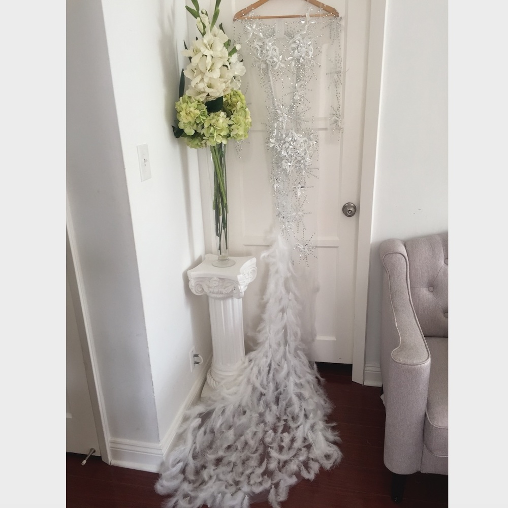 WHITE ANGEL DRESS HAND BEADED FEATHER COUTURE GOWN